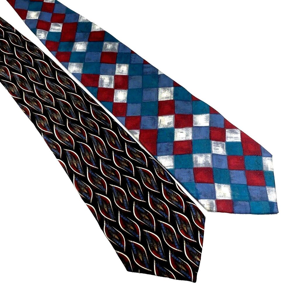 Pierre Cardin 2 Vintage Ties Patchwork Plaid Quilt Y2K Geometric Blue Black Prep